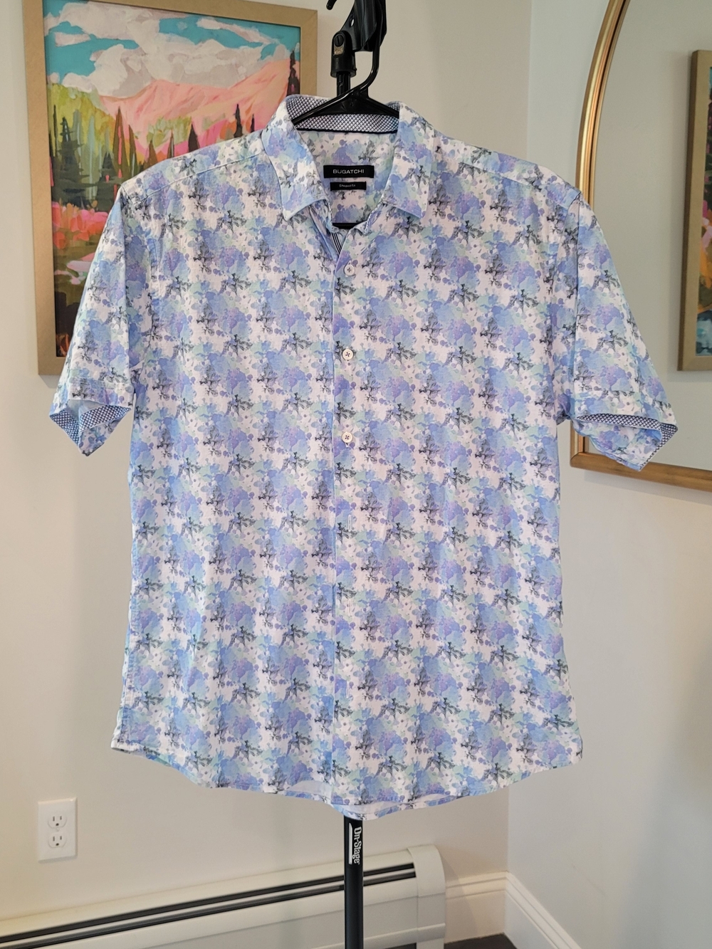 BUGATCHI Shaped Fit 100% Cotton Short Sleeve Button Down Shirt Blue Floral Print
